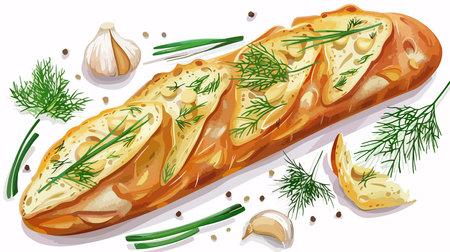 Close-Up of a Tasty Baguette with Garlic and Dill on a White Tableのイラスト素材