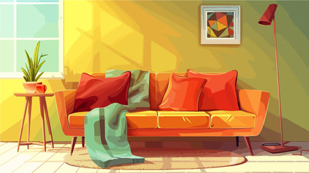 Stylish and Cozy Living Room Interior with Comfortable Blanketのイラスト素材