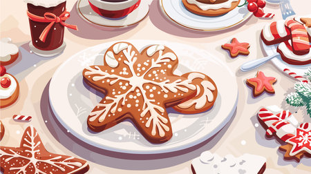 Festive Christmas Cookies and Decorations Adorned on a White Tableのイラスト素材