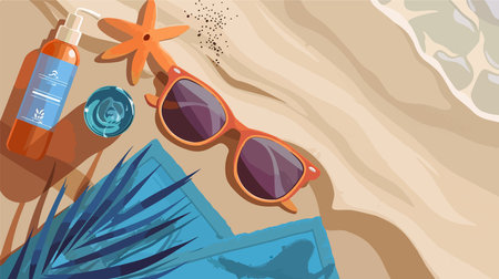 Summertime Essentials: Sunglasses, Sunblock, and a Blue Towel on a Warm Sandy Beachのイラスト素材