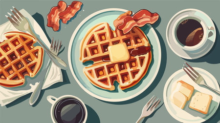 Indulge in Flavor: Crispy Belgian Waffles with Savory Bacon Butter and Aromatic Coffeeのイラスト素材