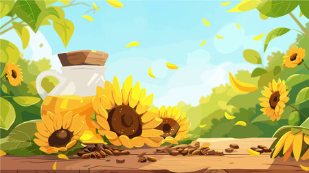 Golden Sunflower Blossoms and Seeds Resting on a Wooden Surfaceのイラスト素材