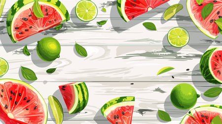 Refreshing Summer Feast: Sliced Watermelon and Limes on a White Wooden Tableのイラスト素材