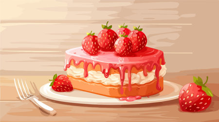 Delightful Strawberry Cake Delight on a Rustic White Tableのイラスト素材