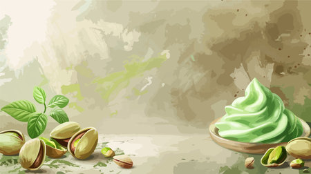 Close-up Shot of a Delectable Pistachio Cream Dessert Topped with Nuts on a Bright Surfaceのイラスト素材