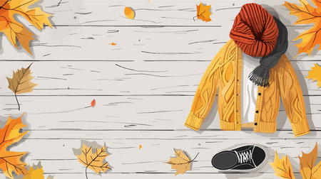 Autumn Fashion on a Wooden Background with Fall Leavesのイラスト素材
