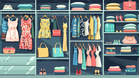 Showcase of Stylish Clothes, Footwear, and Accessories in an Impressive Wardrobeのイラスト素材