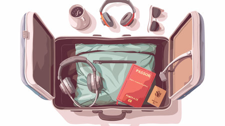 Essentials for a Comfortable and Connected Journey: Headphones, Travel Pillow, Passports, and Moreのイラスト素材