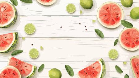 Refreshing Summer Feast: Sliced Watermelon and Limes on a White Wooden Tableのイラスト素材
