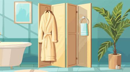 Soft and Comfortable Bathrobe Draped Over a Folding Screen in a Luxurious Bathroomのイラスト素材