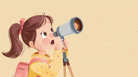 Curious Young Girl Exploring the Night Sky with a Telescopeのイラスト素材