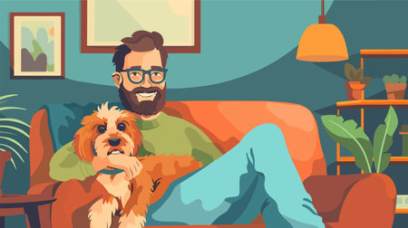 Affectionate Portrait of Owner and Dog in Homey Living Room Settingのイラスト素材