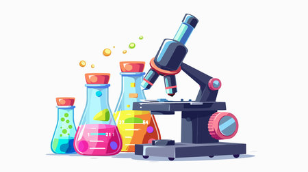 Microscope Observation of Colorful Test Tube Liquids in Scientific Experimentのイラスト素材