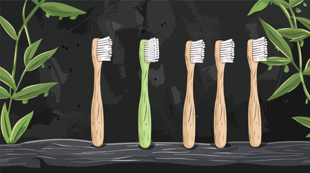 Eco-Friendly Bamboo Toothbrushes on a Stylish Black Stone Tableのイラスト素材