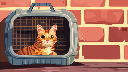 Adorable Feline Companion in Travel Carrier near Luggage on Carpetのイラスト素材