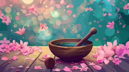 Harmonious Tibetan Singing Bowl with Blooming Flowers in Clear Waterのイラスト素材