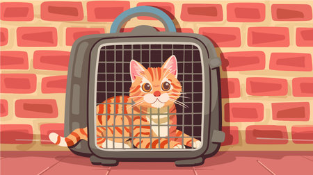 Adorable Feline Companion in Travel Carrier near Luggage on Carpetのイラスト素材