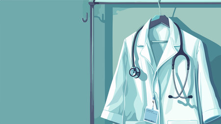 White Medical Doctor's Gown and Stethoscope Hanging on a Rack for Medical Professionalsのイラスト素材