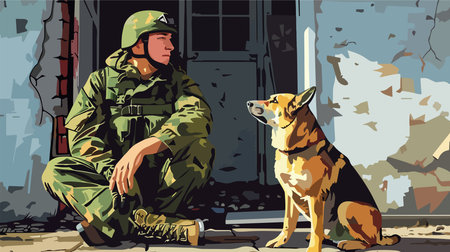 Soldier Finds Solace with Stray Dog Amid Abandoned Building Ruinsのイラスト素材