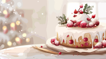 Traditional Homemade Christmas Cake on a Light Grey Table, Festive Holiday Dessertのイラスト素材