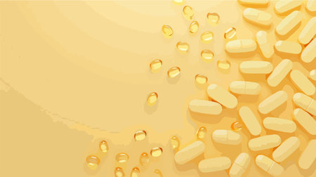 Top-View Perspective of Vitamin Pills Scattered on a Pale Yellow Backgroundのイラスト素材