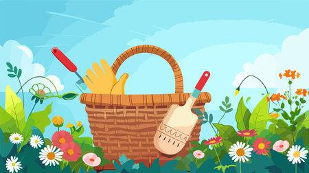 Wicker Basket with Gardening Tools and Gloves for Outdoor Activitiesのイラスト素材