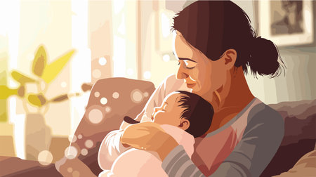 Close-up of a Loving Mother Breastfeeding Her Adorable Infant at Homeのイラスト素材