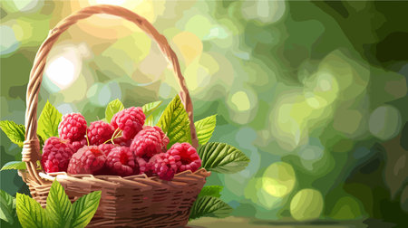 Rustic Wicker Basket Overflowing with Sweet Ripe Raspberries and Lush Green Leavesのイラスト素材