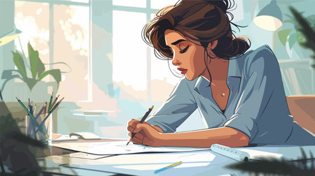 Close-up of a Woman Sketching Cartoon Characters in Her Workplaceのイラスト素材
