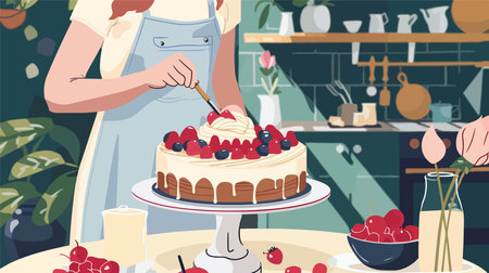Expert Female Baker Delicately Frosting a Luscious Cake with Fresh Creamのイラスト素材