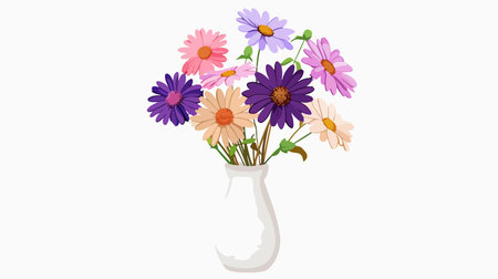 White Ceramic Vase Filled with Vibrant Aster Flowersのイラスト素材