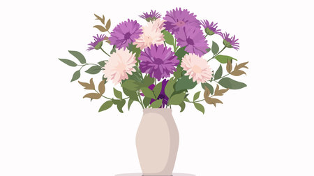 White Ceramic Vase Filled with Vibrant Aster Flowersのイラスト素材