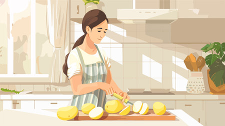 Person Preparing Potatoes at Clean Kitchen Counter, Close-Upのイラスト素材