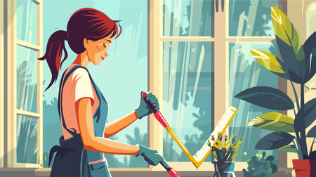 Using Squeegee on a Bright and Refreshing Spring Dayのイラスト素材