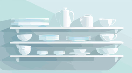 Cartoon-style White Shelving Unit with Colorful Dishware and Utensilsのイラスト素材