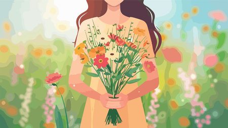 Beautiful Woman Holding a Vibrant Bouquet of Wildflowers in Meadowのイラスト素材