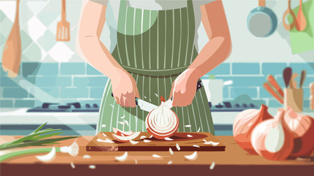 Woman Diligently Peeling Fresh Onion at Table Closeupのイラスト素材