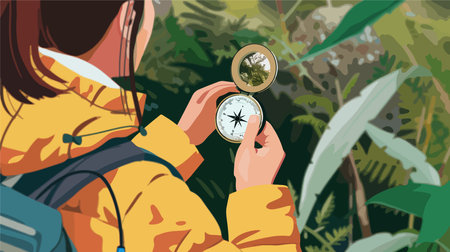 Young Woman Uses Modern Compass in Wilderness for Navigationのイラスト素材