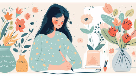 Tranquil Artwork: Floral Still Life in a Vase on Paperのイラスト素材