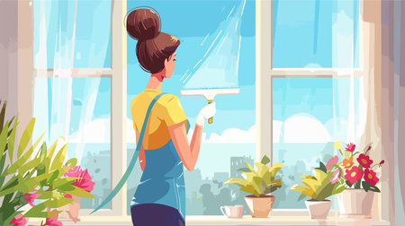 Using Squeegee on a Bright and Refreshing Spring Dayのイラスト素材