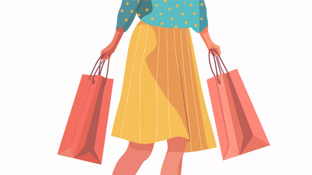 Person Holding Multiple Shopping Bags Against White Backgroundのイラスト素材