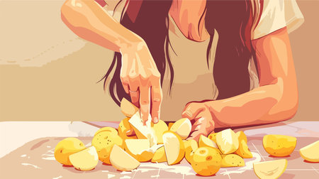 Preparing Potatoes at Clean Kitchen Counter, Close-Upのイラスト素材