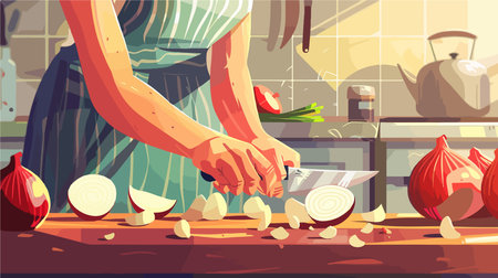 Diligently Peeling Fresh Onion at Table Closeupのイラスト素材