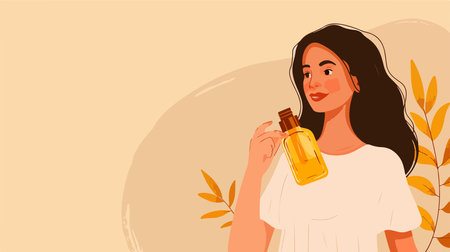 Woman Showcasing Cosmetic Oil Bottle on a Beige Backgroundのイラスト素材