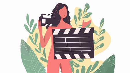 Movie Clapper and Camera with Decorative Floral Backgroundのイラスト素材