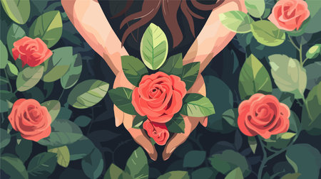 Close-up of Hands Holding a Beautiful Pink Tea Rose Outdoorsのイラスト素材