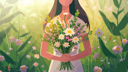 A Vibrant Bouquet of Wildflowers in a Sunny Meadowのイラスト素材