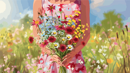 A Vibrant Bouquet of Wildflowers in a Sunny Meadowのイラスト素材