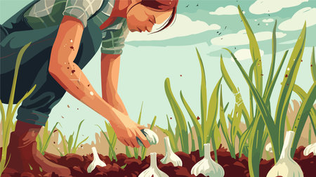 Close-up illustration of planting garlic cloves in rich soilのイラスト素材
