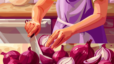 Diligently Peeling Fresh Onion at Table Closeupのイラスト素材